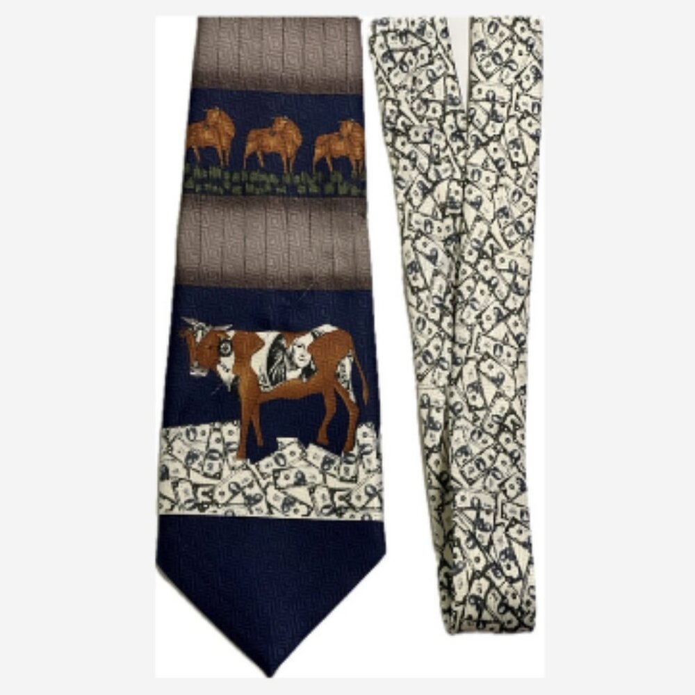 Renaissance Hand Made Tie Classic Cut Blue/Brown/White Cash Cow 100% Polyester